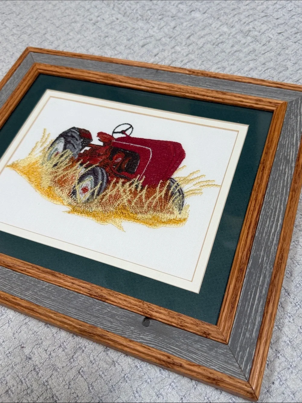Vtg Needlepoint Embroidered Red Tractor Crewel Barn wood Frame Wall Hanging